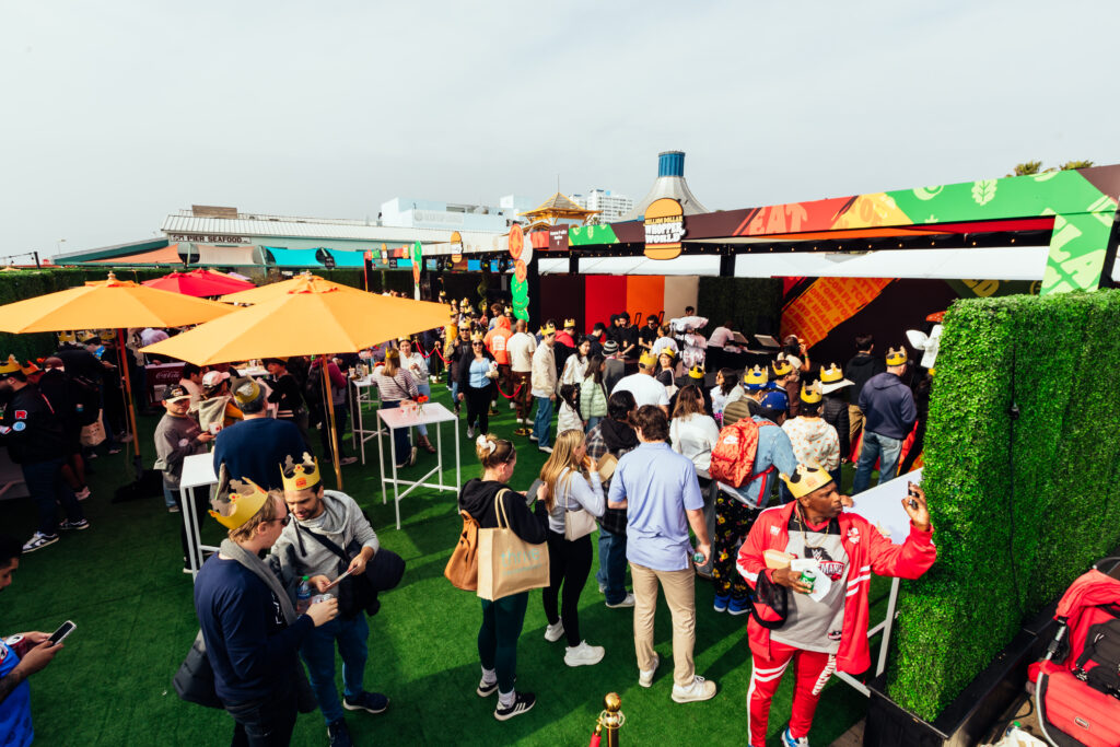 Burger King stand set up in Santa Monica, featuring vibrant branding and engaging activities for visitors.